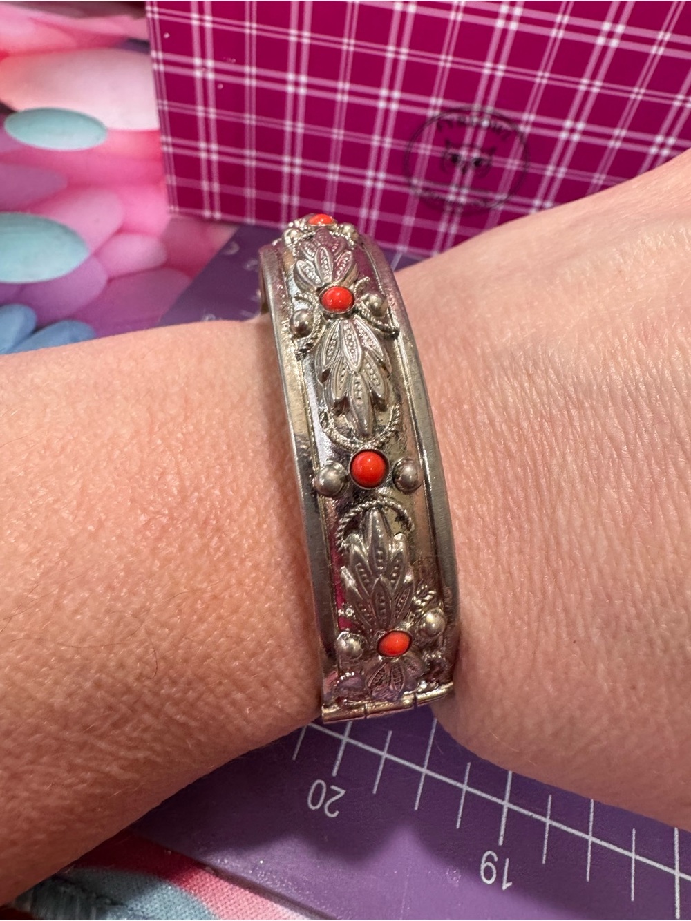 Vintage Sterling-Style Silver toned  Bangle Bracelet with Coral Accent stones